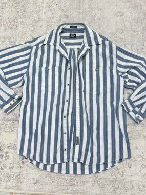 90s vintage striped blue + white button up shirt